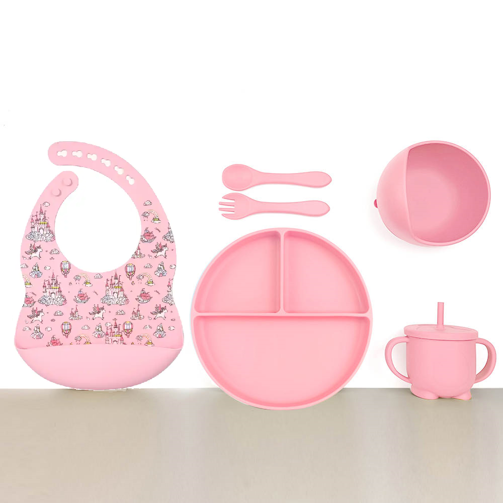 Silicone Baby Feeding Set 6pcs - Pink Unicorns