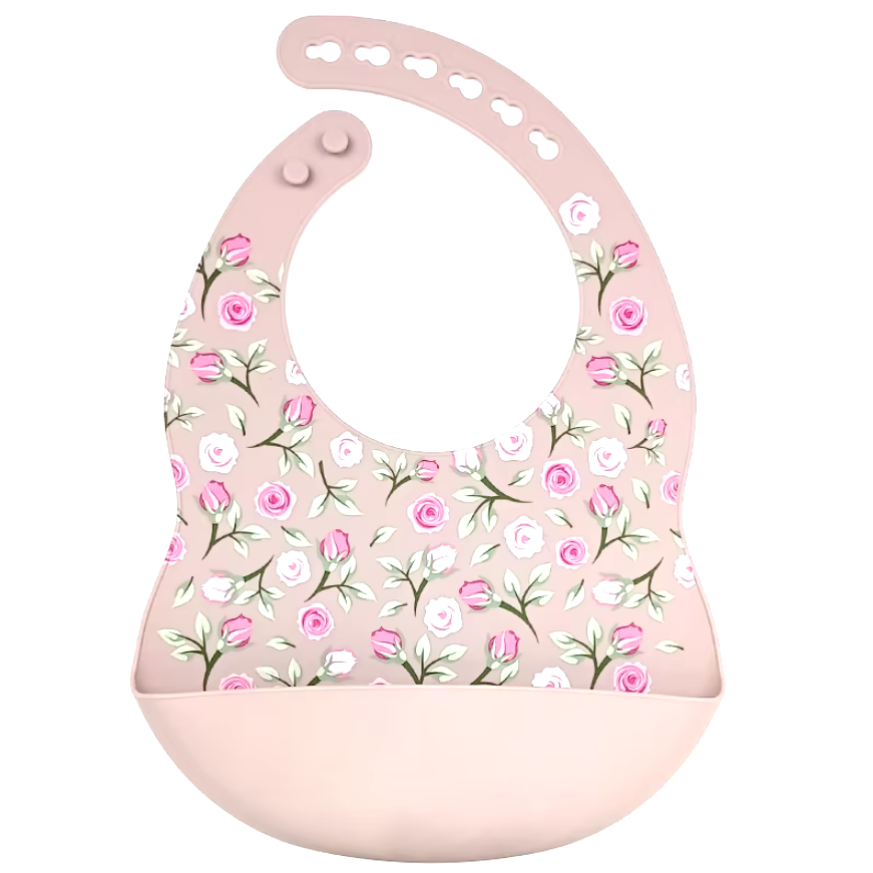 Silicone Waterproof Baby Bib Dusty Pink Roses