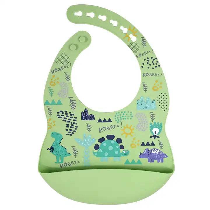 Silicone Waterproof Baby Bib - Green Dinosaurs