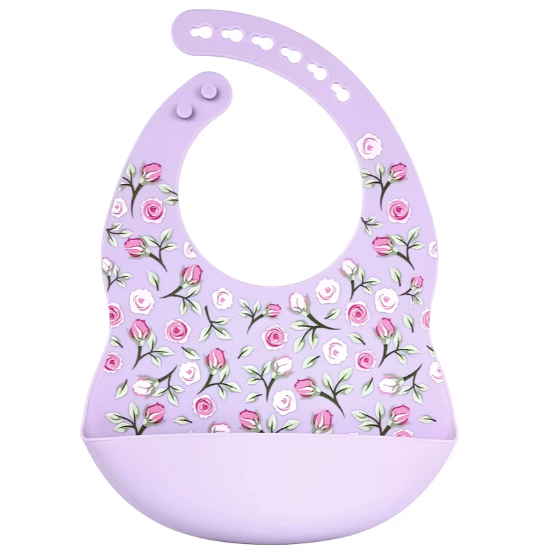 Baby silicone bib catcher violet purple roses bpa phthalates free