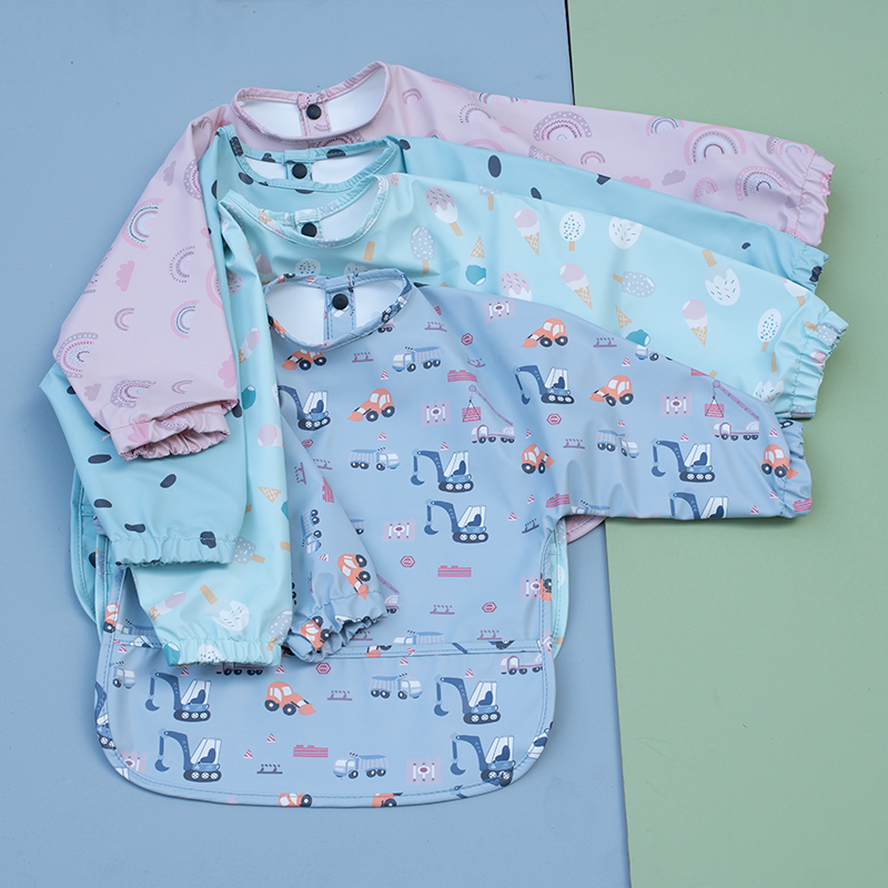 Teeny Baby Long Sleeve Waterproof Apron Smock Bibs Blue Pink Rainbow Tractor Icecream
