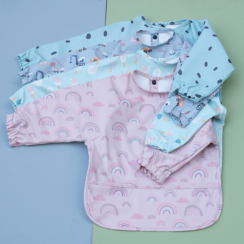 Teeny Baby Long Sleeve Waterproof Apron Smock Bibs Blue Pink Rainbow Tractor Icecream