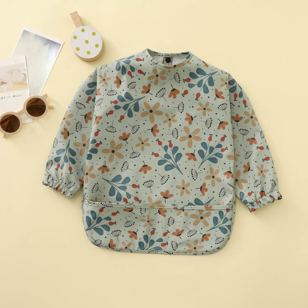 Baby Toddler Teeny Baby Long Sleeve Waterproof Apron Smock Bib - Sage Flowers