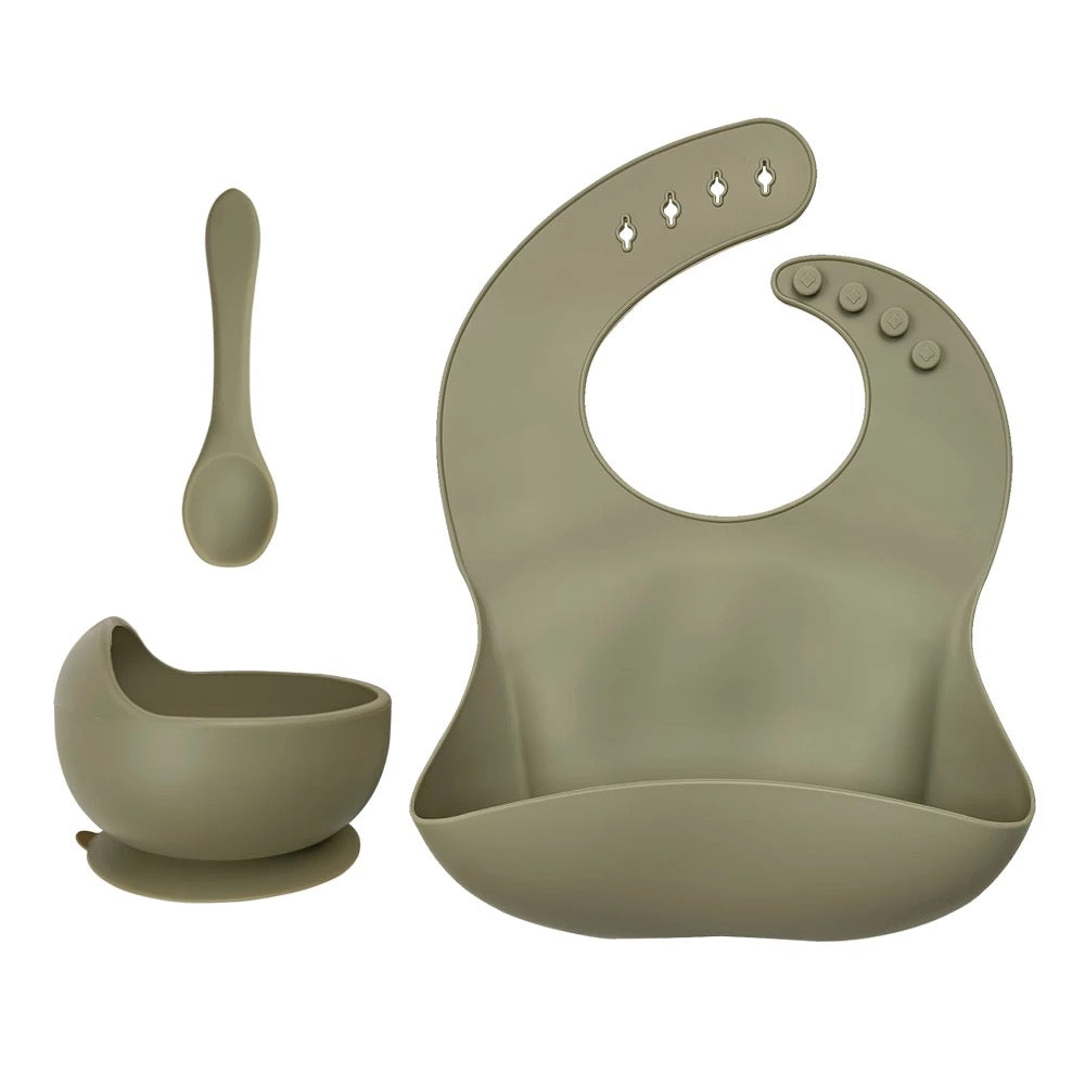 Silicone Baby Toddler Feeding Set 3pcs Bib Bowl Spoon - Sage