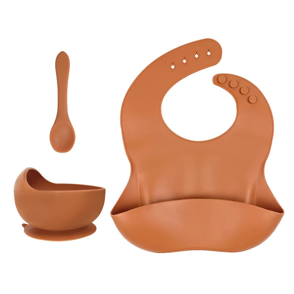 Silicone Baby Toddler Feeding Set 3pcs Bib Bowl Spoon - Spiced Pumpkin