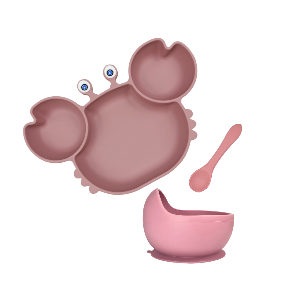 Silicone Baby Feeding Crab Set 3pcs - Powder Rose Suction Plate Bowl