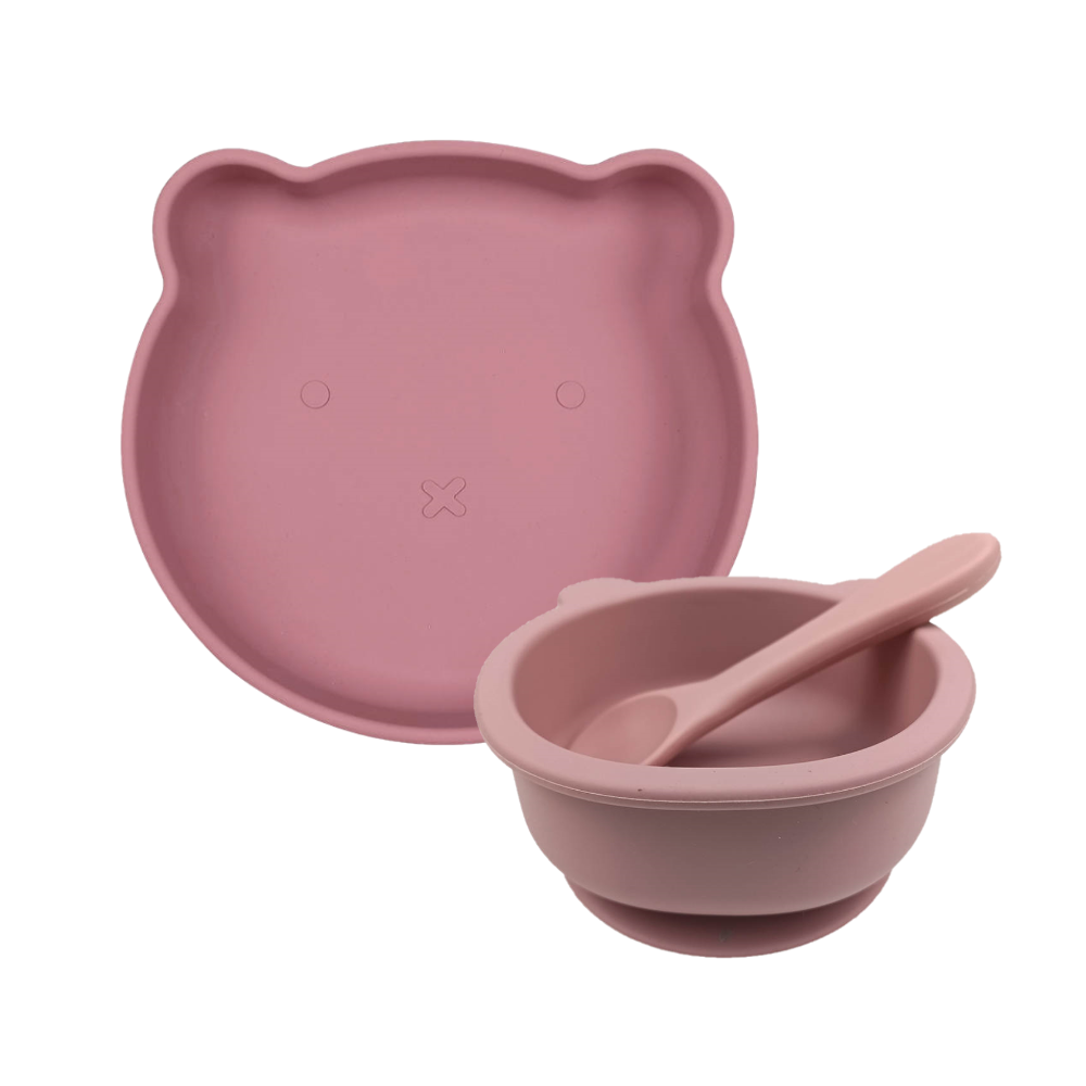 Silicone Baby Toddler Feeding Bear Set 3pcs - Powder Rose