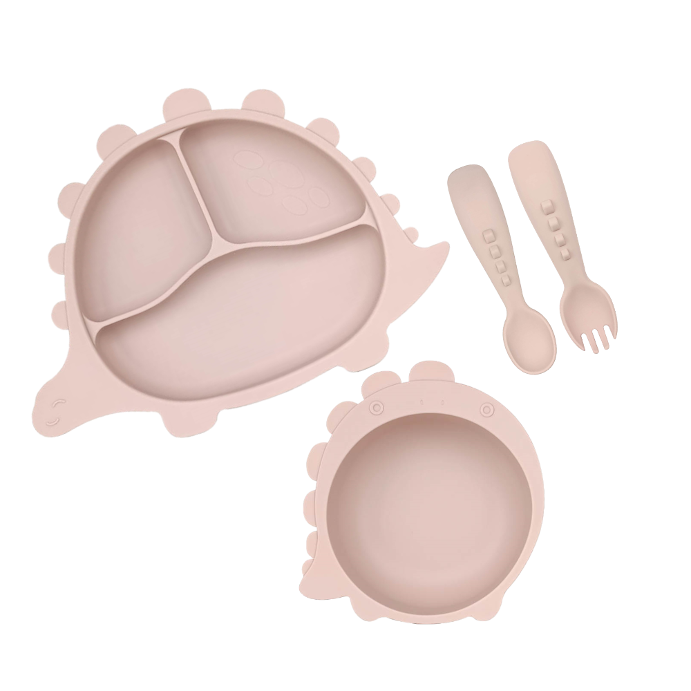 Silicone Baby Toddler Feeding Dinosaur Dino Set 4pcs - Dusty Pink
