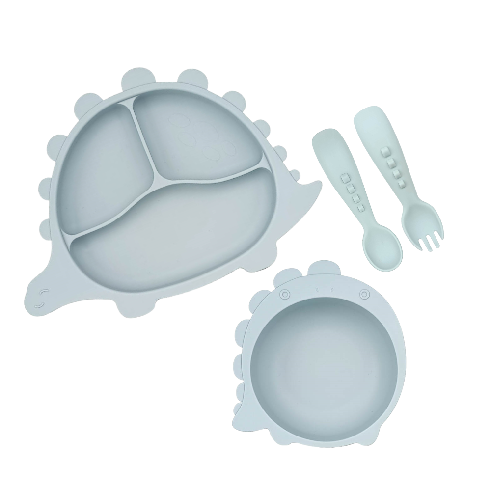 Silicone Baby Toddler Feeding Dinosaur Dino Set 4pcs - Light Blue