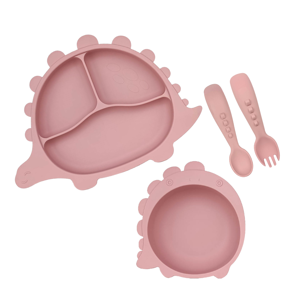 Silicone Baby Toddler Feeding Dinosaur Dino Set 4pcs - Powder Rose