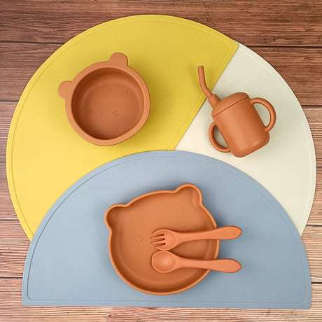 Three non-slip placemats with silicone bowl plate and straw cup
