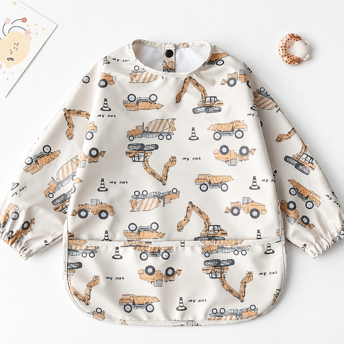 Teeny Baby Long Sleeve Waterproof Apron Smock Bib - Beige Tractors