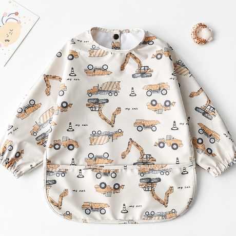 Teeny Baby Long Sleeve Waterproof Apron Smock Bib - Beige Tractors