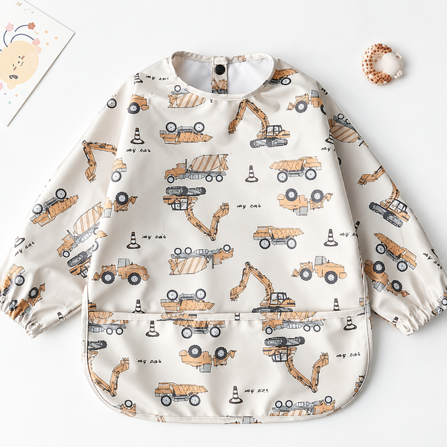 Teeny Baby Long Sleeve Waterproof Apron Smock Bib - Beige Tractors