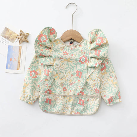 Teeny Baby Long Sleeve Waterproof Apron Smock Bib - Green Flowers