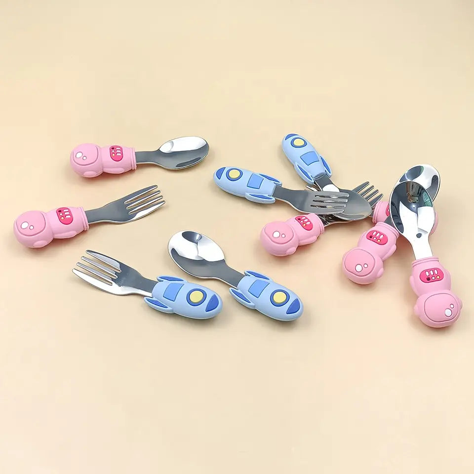 Baby Toddler Stainless Steel Cutlery Set - Astronaut Pink Blue