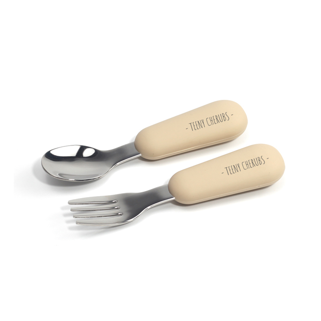 Baby Toddler Self-feeding Stainless Steel Cutlery Set - Beige