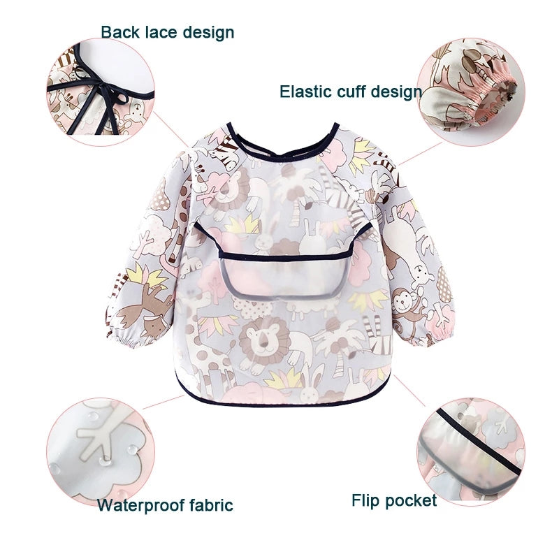 Baby Toddler Smock Apron Functionality Back Lace Elastic Cuff Waterproof Flip Pocket