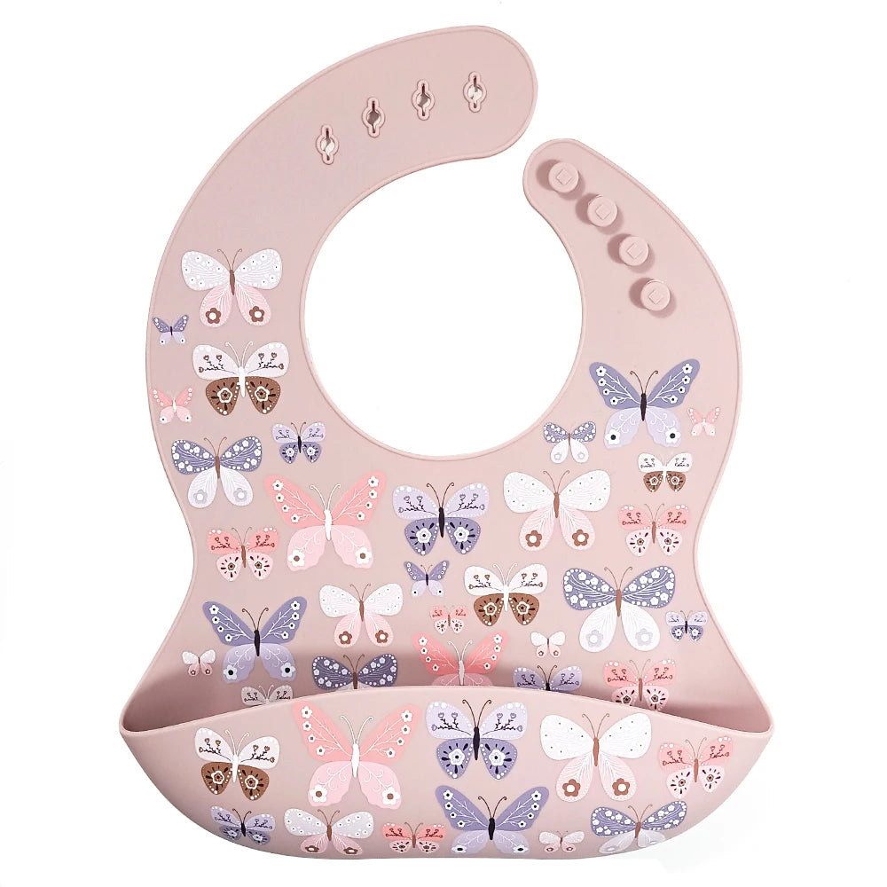 Silicone Waterproof Baby Bib - Butterflies Pink