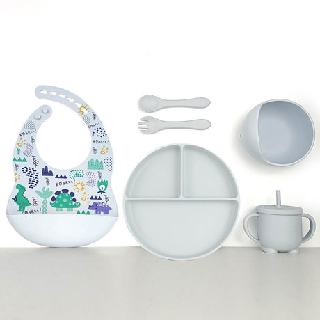 Silicone Baby Feeding Set 6pcs - Grey Dinosaurs