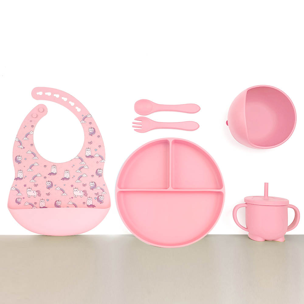 Silicone Baby Feeding Set 6pcs - Pink Unicorns