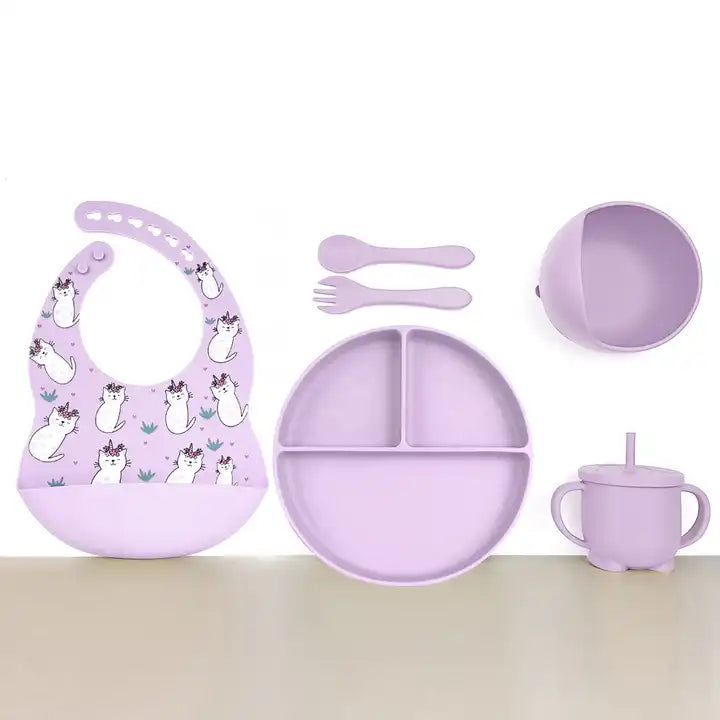 Silicone Baby Feeding Set 6pcs - Violet Kitties
