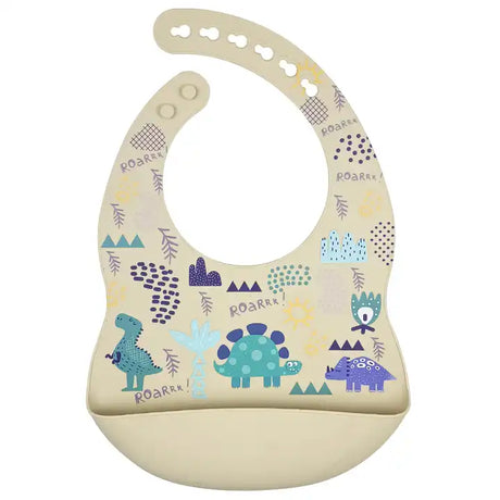 Silicone Waterproof Baby Bib - Beige Dinosaurs