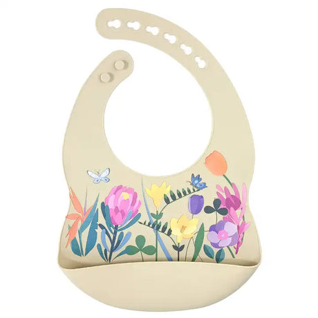 Silicone Waterproof Baby Bib - Beige Flowers