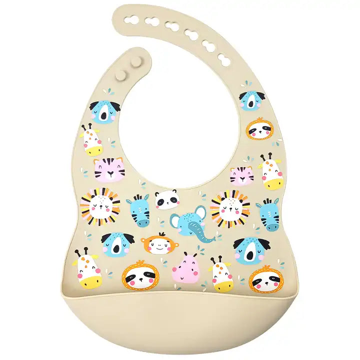 Silicone Waterproof Baby Bib - Beige Zoo