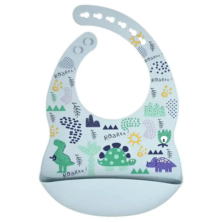 Silicone Waterproof Baby Bib - Light Blue Dinosaurs