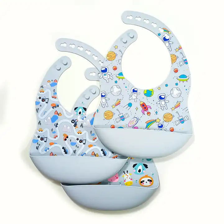 Silicone Waterproof Baby Bibs Light Grey Space Zoo Diggers