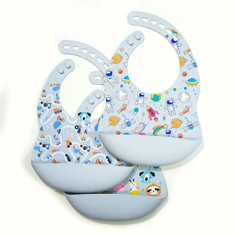 Silicone Waterproof Baby Bibs Light Grey Space Zoo Diggers