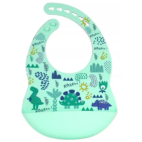 Silicone Waterproof Baby Bib - Mint Dinosaurs