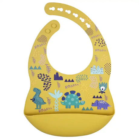 Silicone Waterproof Baby Bib - Mustard Dinosaurs