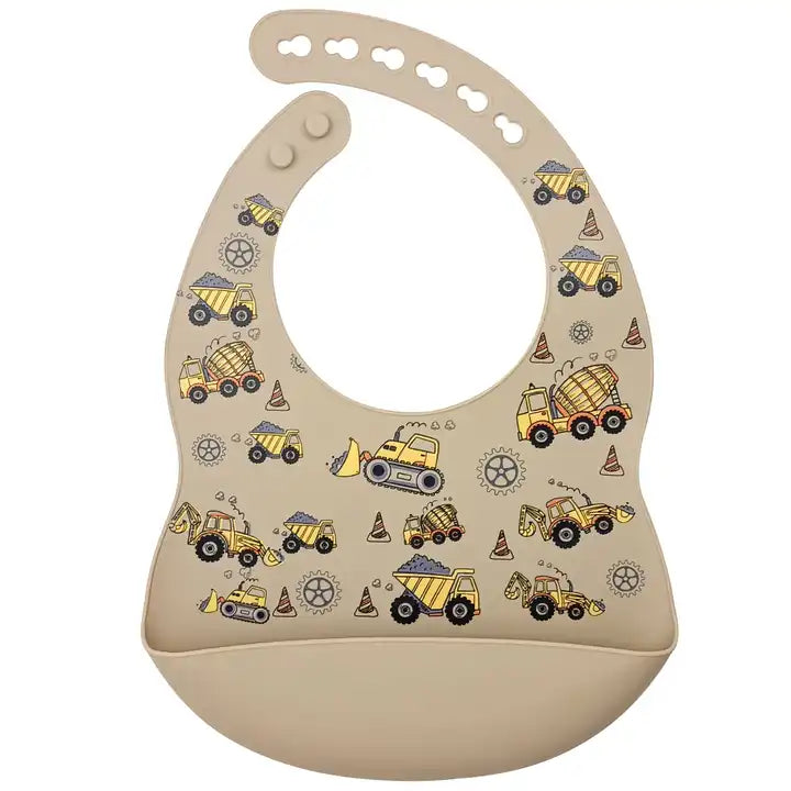Silicone Waterproof Baby Bib - Taupe Diggers