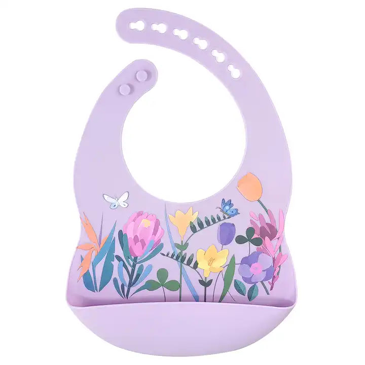 Silicone Waterproof Baby Bib - Violet Flowers