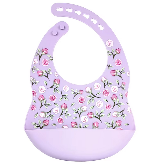 Baby silicone bib catcher violet purple roses bpa phthalates free