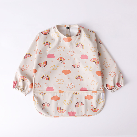 Teeny Baby Long Sleeve Waterproof Apron Smock Bib - Beige Rainbow