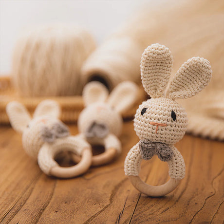 Baby Handmade Crochet Wooden Ring Rattle Toy - Bunny