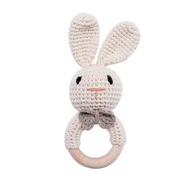Baby Handmade Crochet Wooden Ring Rattle Toy - Bunny