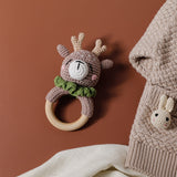 Baby Handmade Crochet Wooden Ring Rattle Toy - Elk