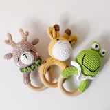 Baby Handmade Crochet Wooden Ring Rattle Toys Elk Frog Giraffe