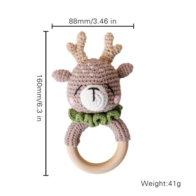Baby Handmade Crochet Wooden Ring Rattle Toy - Elk Size