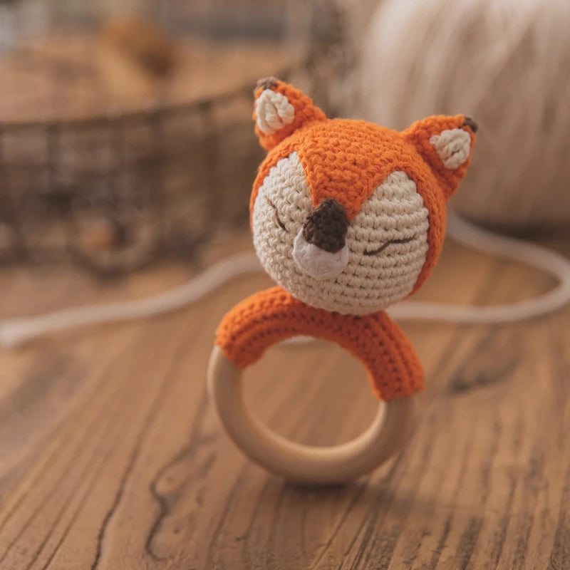 Baby Handmade Crochet Wooden Ring Rattle Toy - Fox