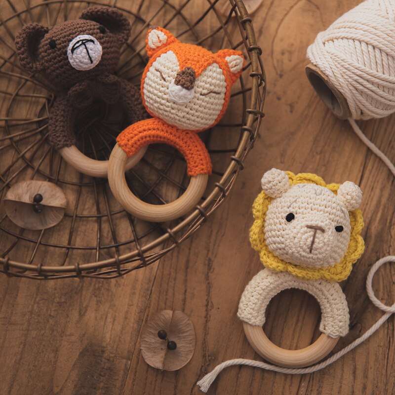 Baby Handmade Crochet Wooden Ring Rattle Toy Fox Lion Teddy