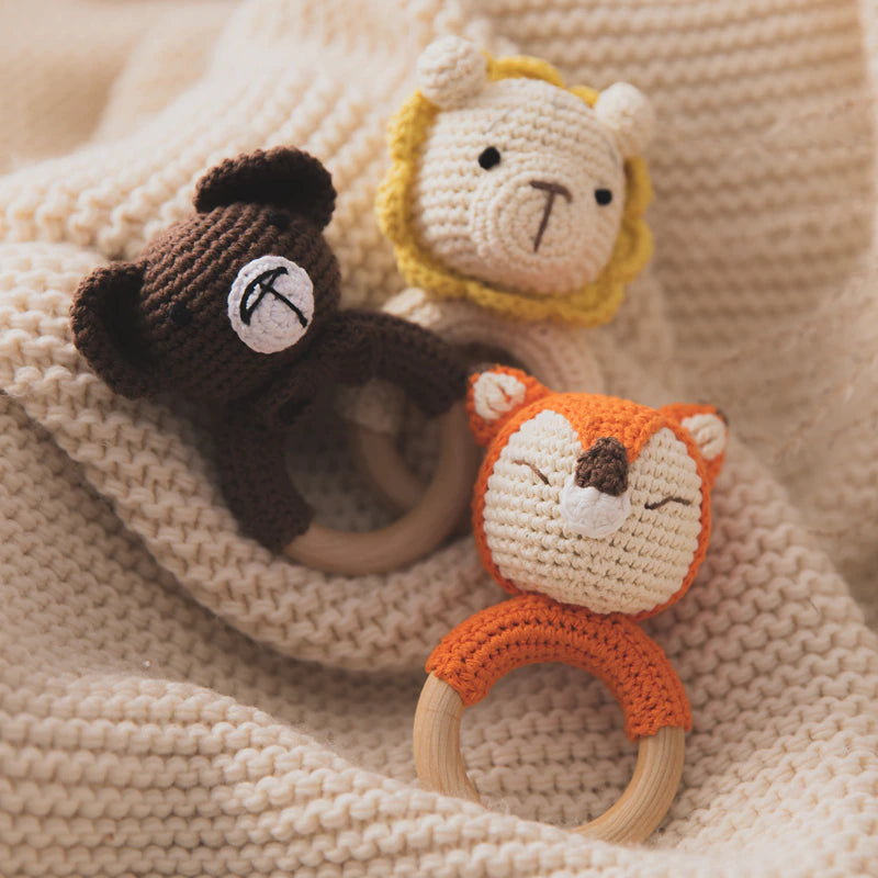 Baby Handmade Crochet Wooden Ring Rattle Toys Fox Lion Teddy