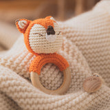 Baby Handmade Crochet Wooden Ring Rattle Toy - Fox
