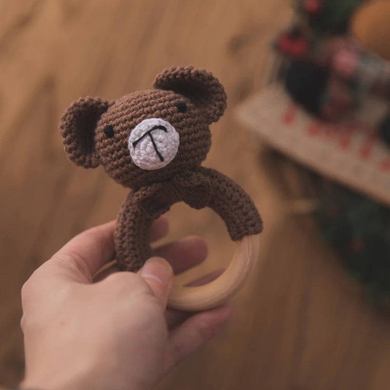 Baby Handmade Crochet Wooden Ring Rattle Toy - Teddy