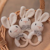 Three Baby Handmade Crochet Wooden Ring Rattle Toys Bunny In Basket