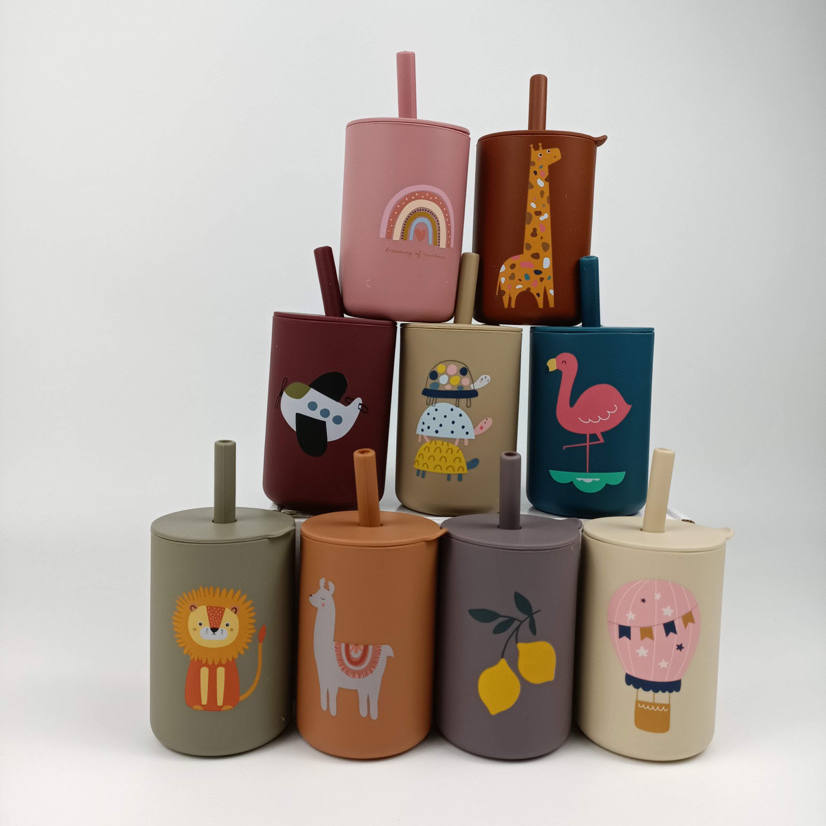 Baby Toddler Printed Straw Cups Stacked Various Colours